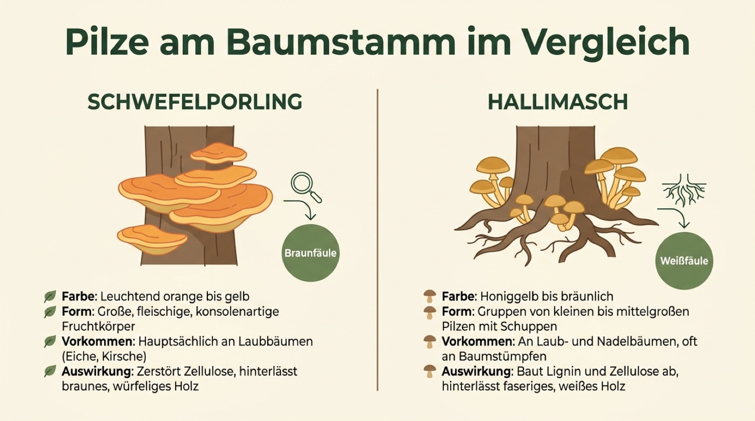 Vergleichsgrafik zeigt Merkmale von Schwefelporling und Hallimasch am Baumstamm