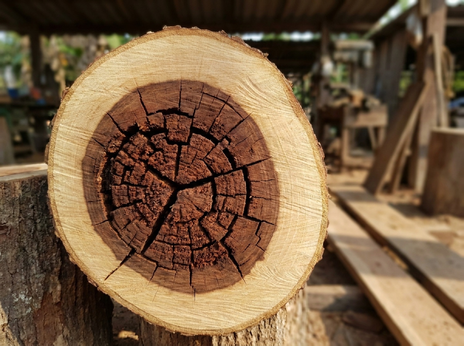 Nahaufnahme von Braunfäule im Querschnitt eines befallenen Baumstamms