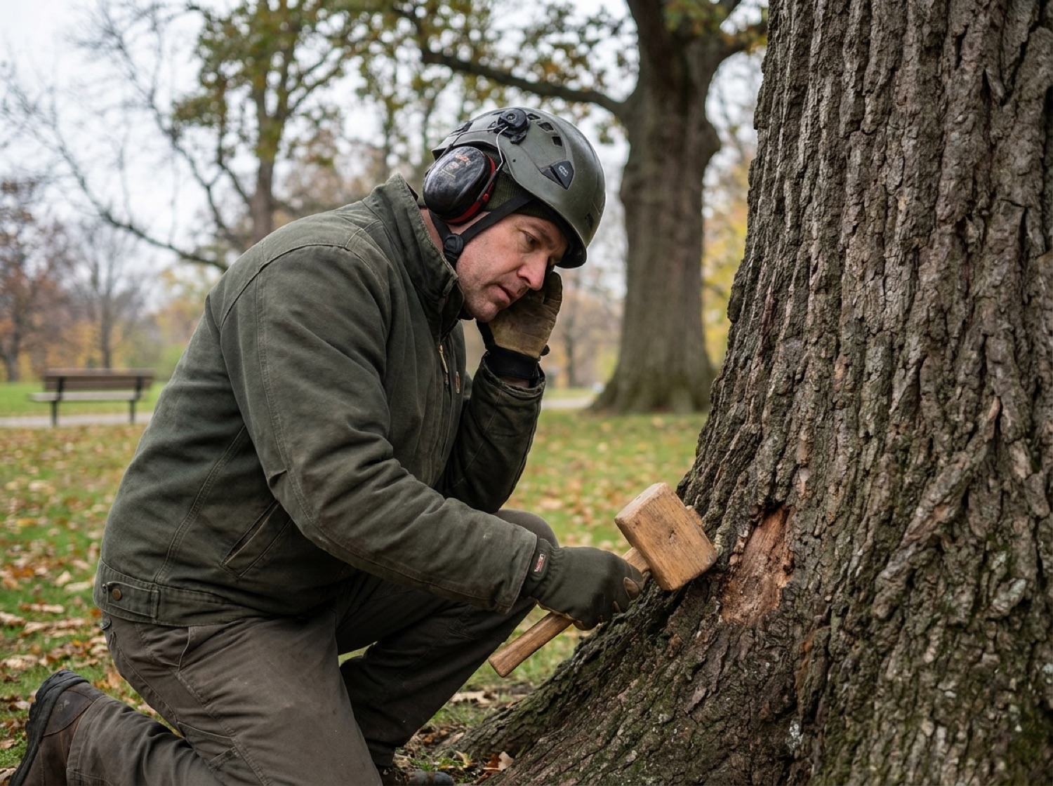 Baumpfleger klopft den Stamm ab, um Pilze am Baumstamm und innere Fäule zu prüfen