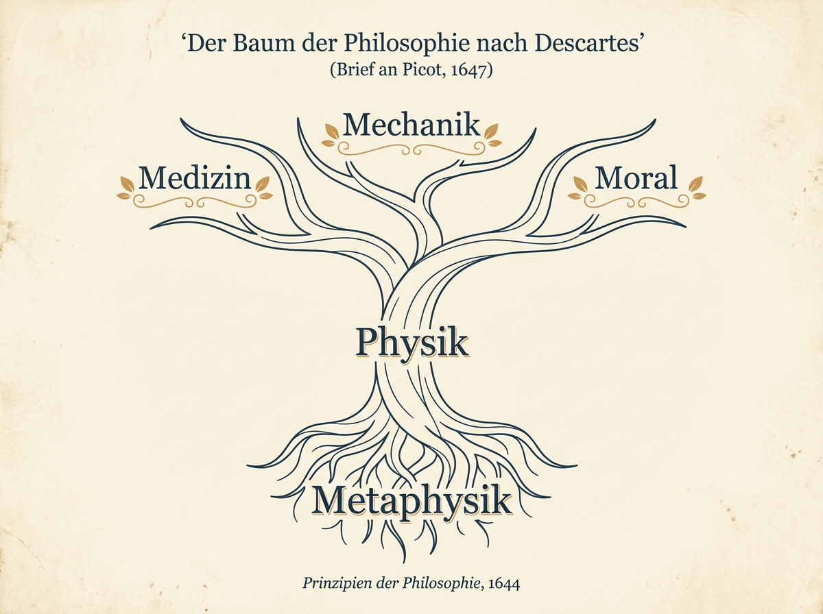 Infografik: Der Baum der Philosophie nach Descartes mit Metaphysik als Wurzel, Physik als Stamm und Medizin, Mechanik und Moral als Zweigen