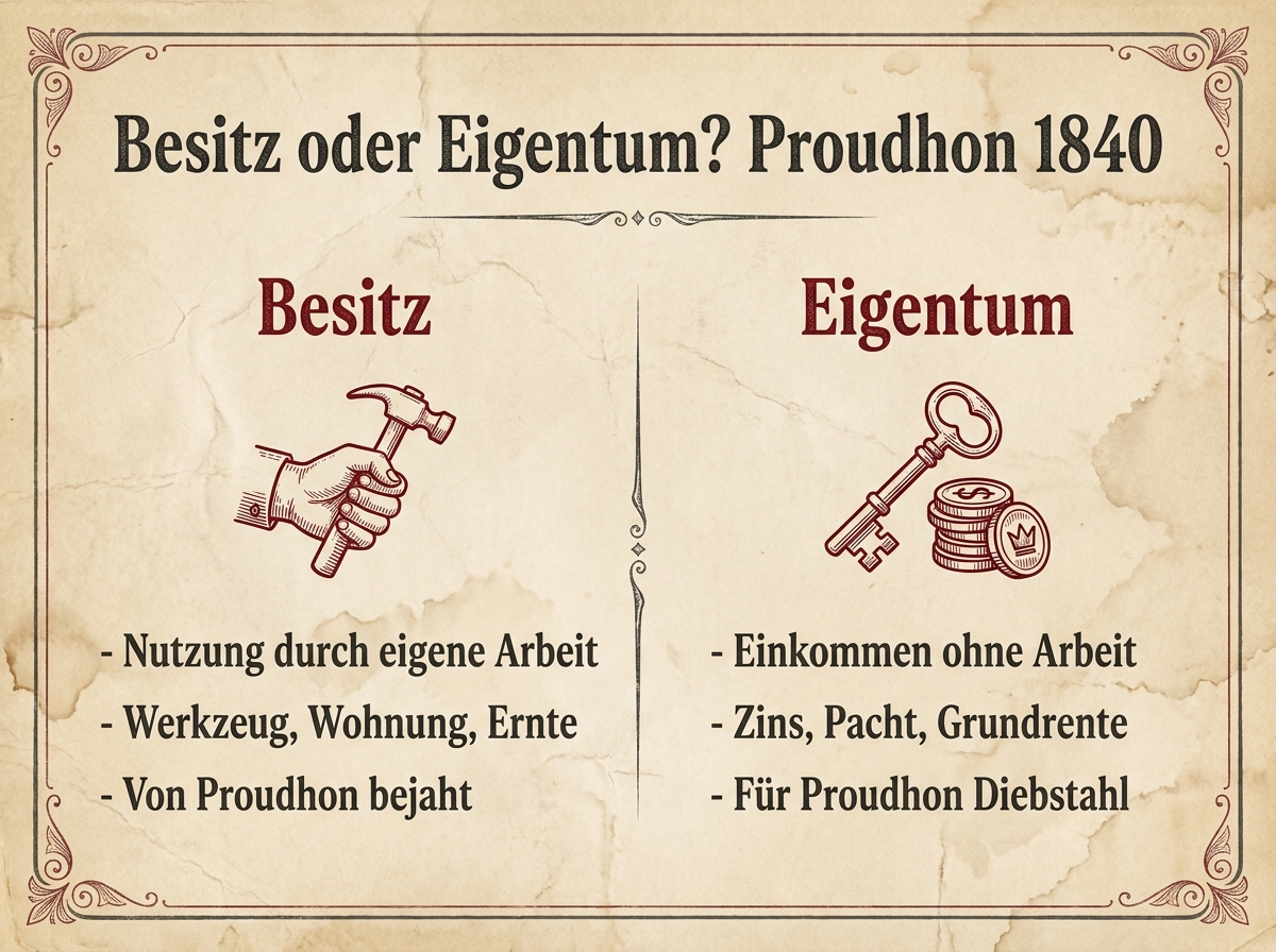 Infografik: Besitz oder Eigentum nach Proudhon 1840, Nutzung durch eigene Arbeit gegenüber Einkommen ohne Arbeit