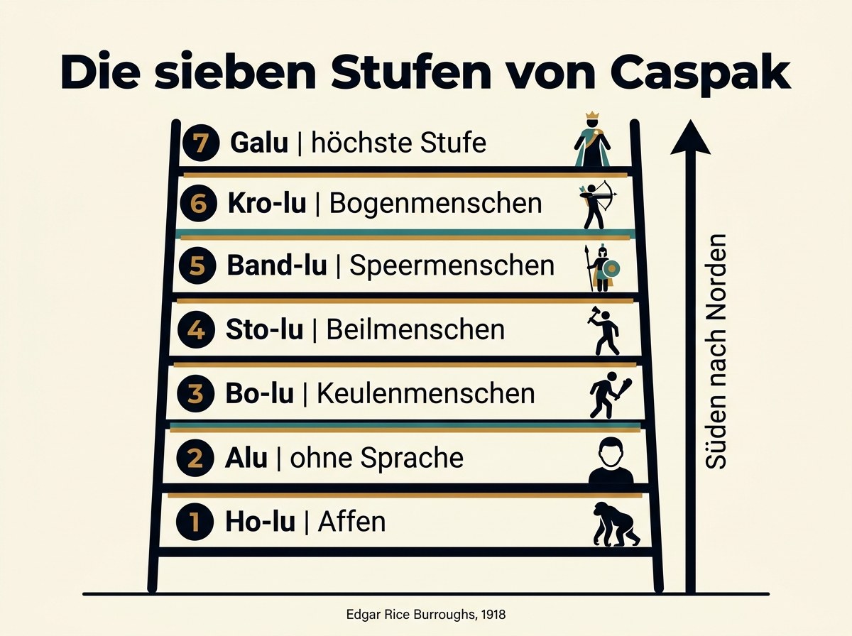 Infografik mit den sieben Entwicklungsstufen von Caspak von Ho-lu bis Galu als Leiter dargestellt