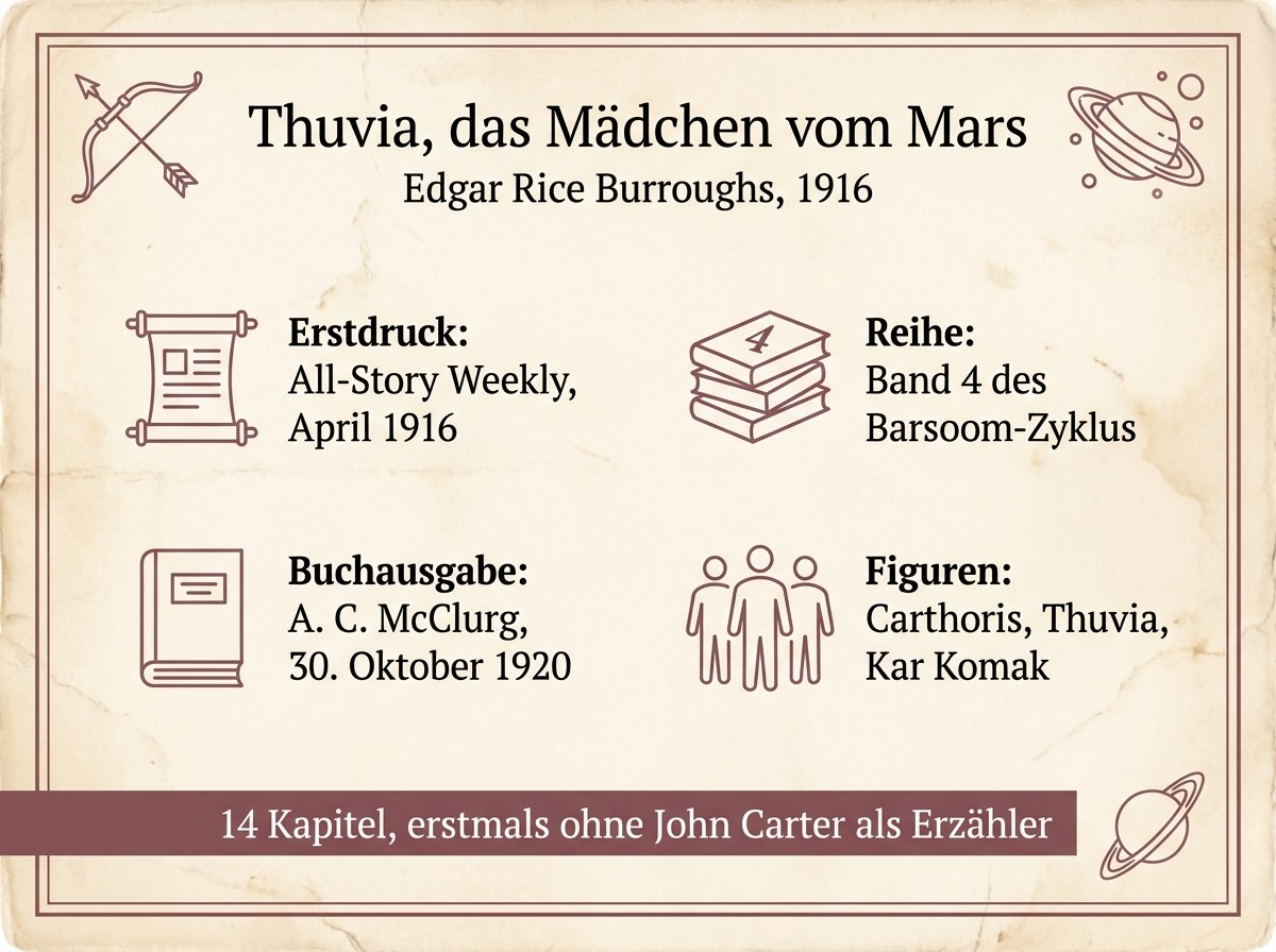 Infografik zu Thuvia, das Mädchen vom Mars mit Erstdruck, Buchausgabe, Reihenposition und Hauptfiguren