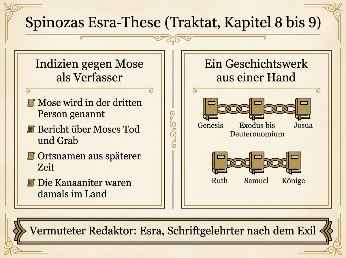 Infografik zur Esra-These Spinozas: Belege gegen die mosaische Verfasserschaft und die Bücher, die ein späterer Geschichtsschreiber zusammenfügte
