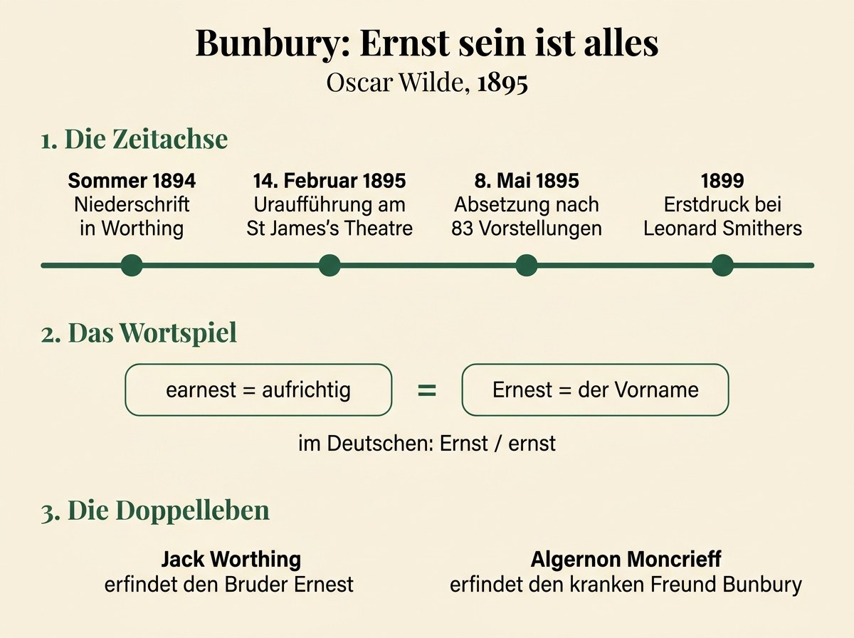 Infografik zu Oscar Wildes Bunbury mit Zeitleiste der Entstehung, Figurenübersicht und deutschen Titeln