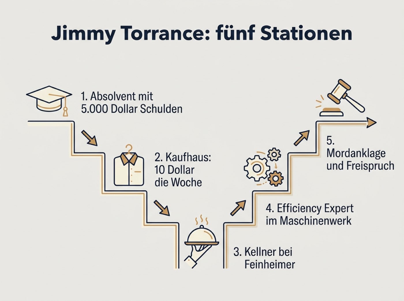 Infografik mit den fünf Stationen von Jimmy Torrance im Roman The Efficiency Expert, vom Universitätsabschluss über Kaufhaus und Restaurant bis zur Fabrik und zum Gerichtssaal