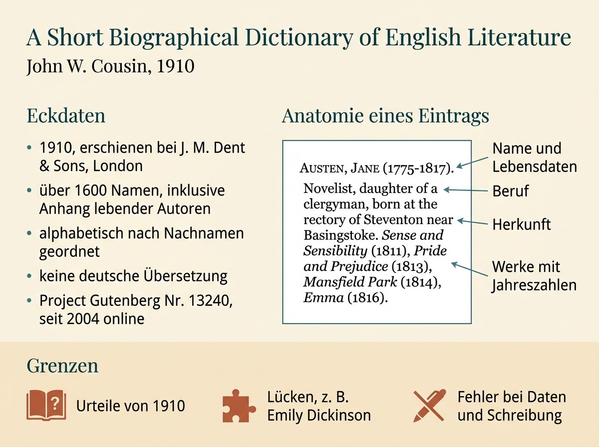 Infografik zum biographischen Lexikon der englischen Literatur von John W. Cousin mit Eckdaten, Aufbau eines Eintrags und Grenzen des Werkes