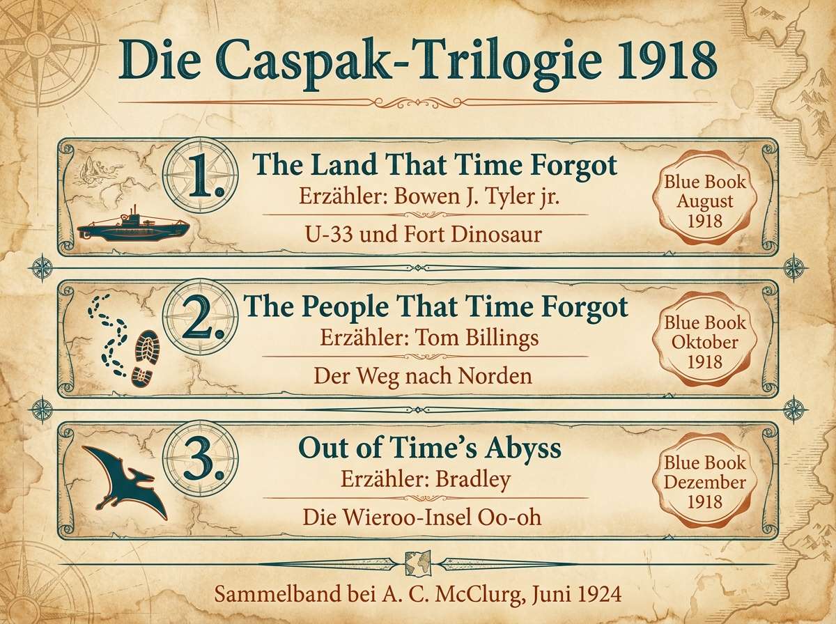 Infografik zum Aufbau der Caspak-Trilogie mit Erzählern, Erscheinungsdaten und Handlungsorten der drei Bände
