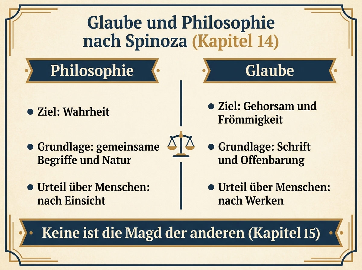 Infografik: Gegenüberstellung von Glaube und Philosophie nach Spinoza mit Ziel, Grundlage und Maßstab beider Bereiche