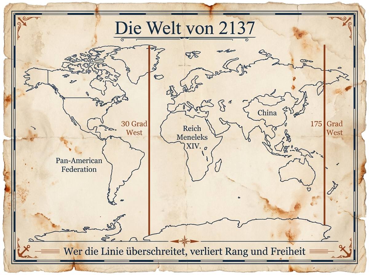 Infografik zur Weltordnung in The Lost Continent mit der Pan-American Federation, dem abessinischen Reich und China