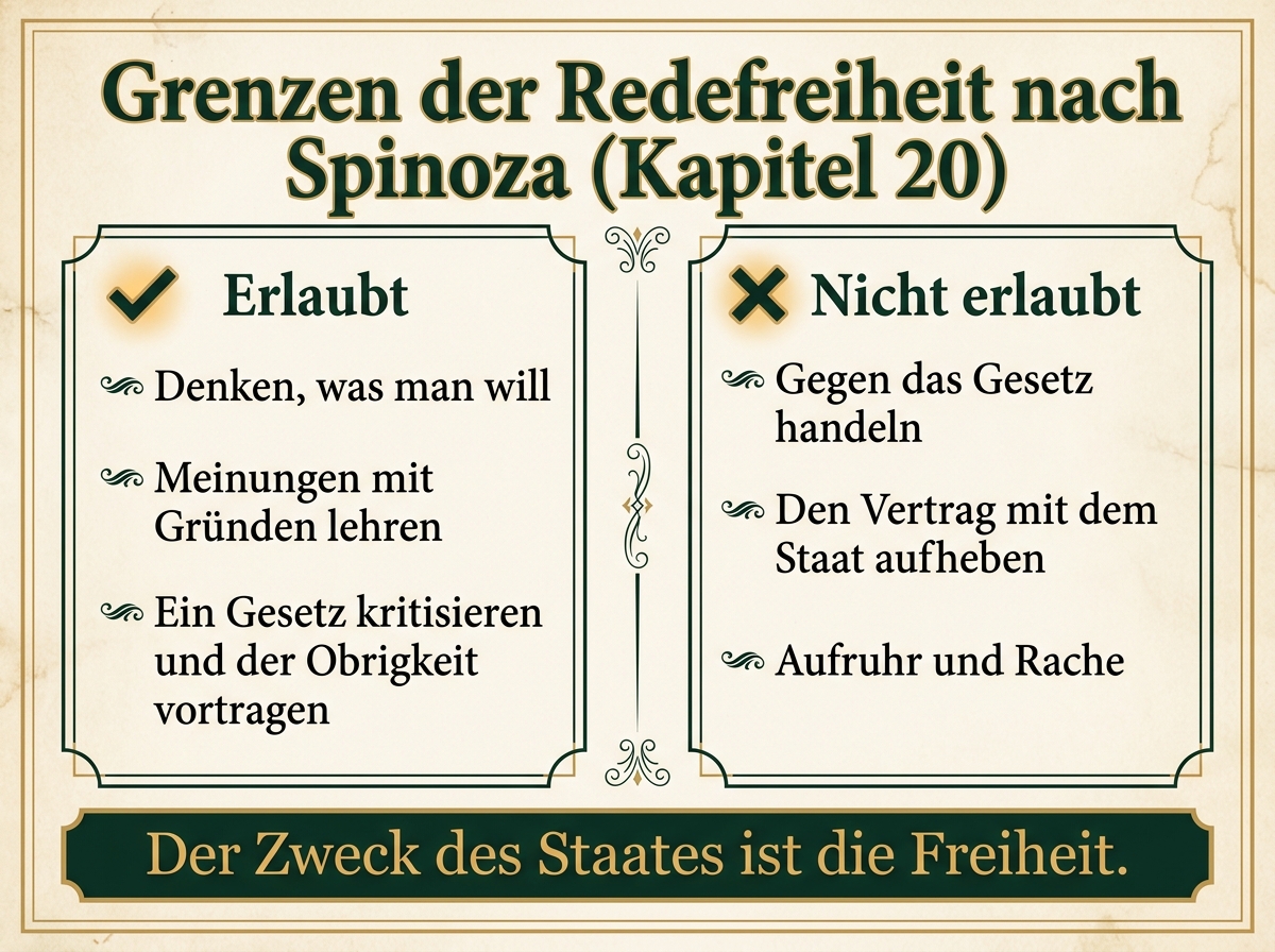 Infografik: Spinozas Grenzen der Redefreiheit. Erlaubt sind Urteilen, Lehren und Widerspruch mit Gründen; verboten sind Vertragsbruch, Aufruhr und eigenmächtiges Handeln