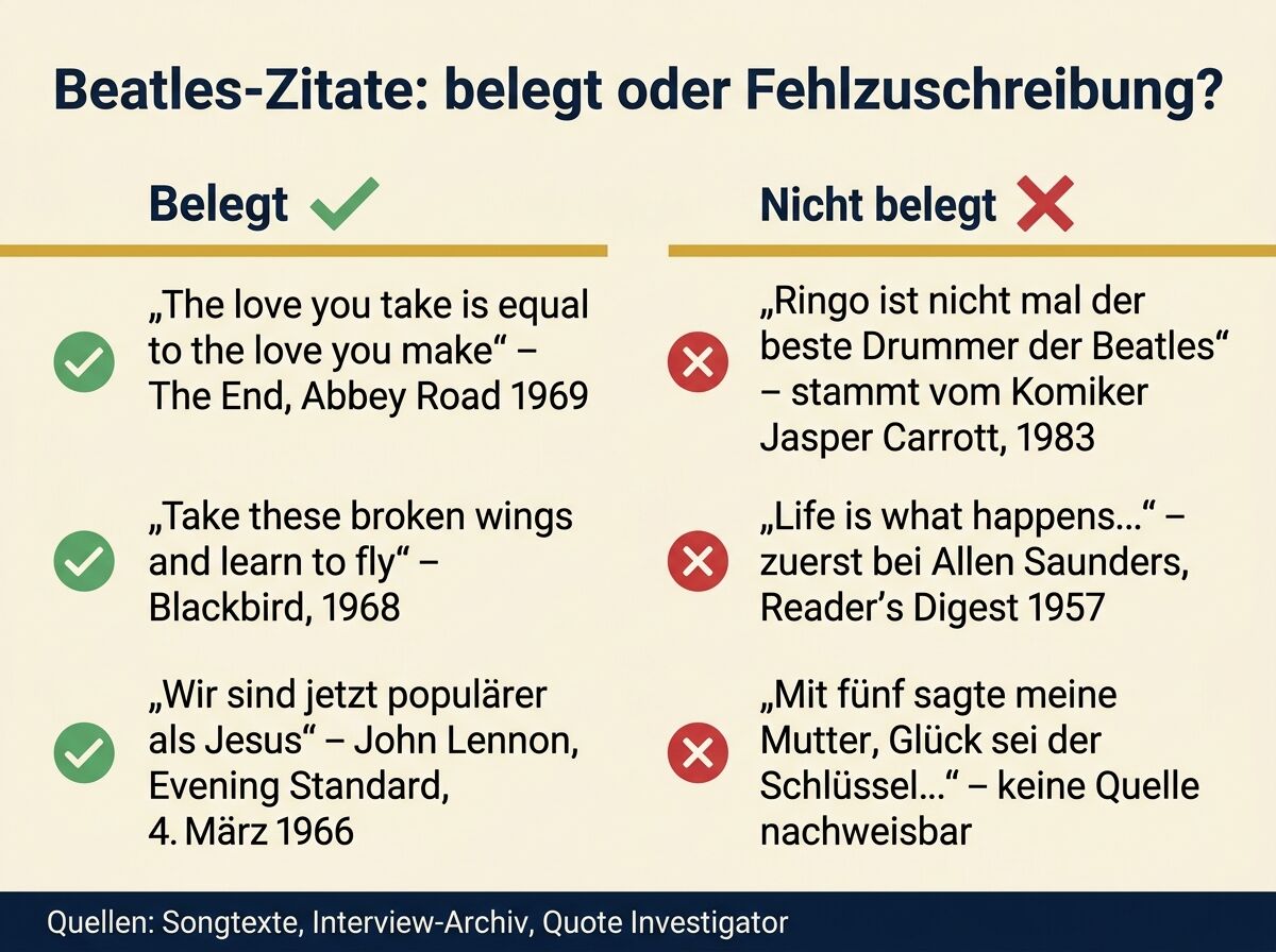 Infografik: belegte Beatles-Zitate mit Quelle gegenüber drei verbreiteten Fehlzuschreibungen