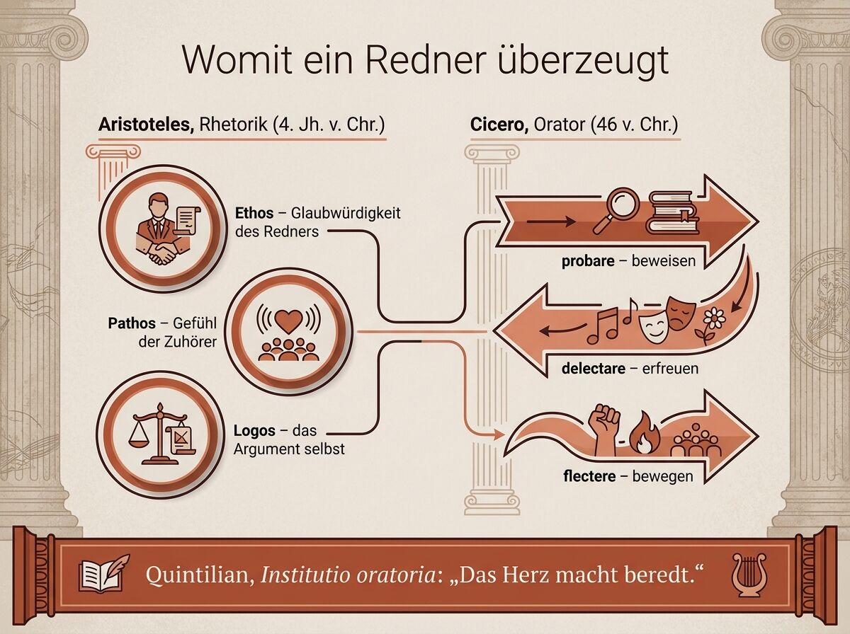 Infografik: die drei Überzeugungsmittel nach Aristoteles und die drei Aufgaben der Rede nach Cicero