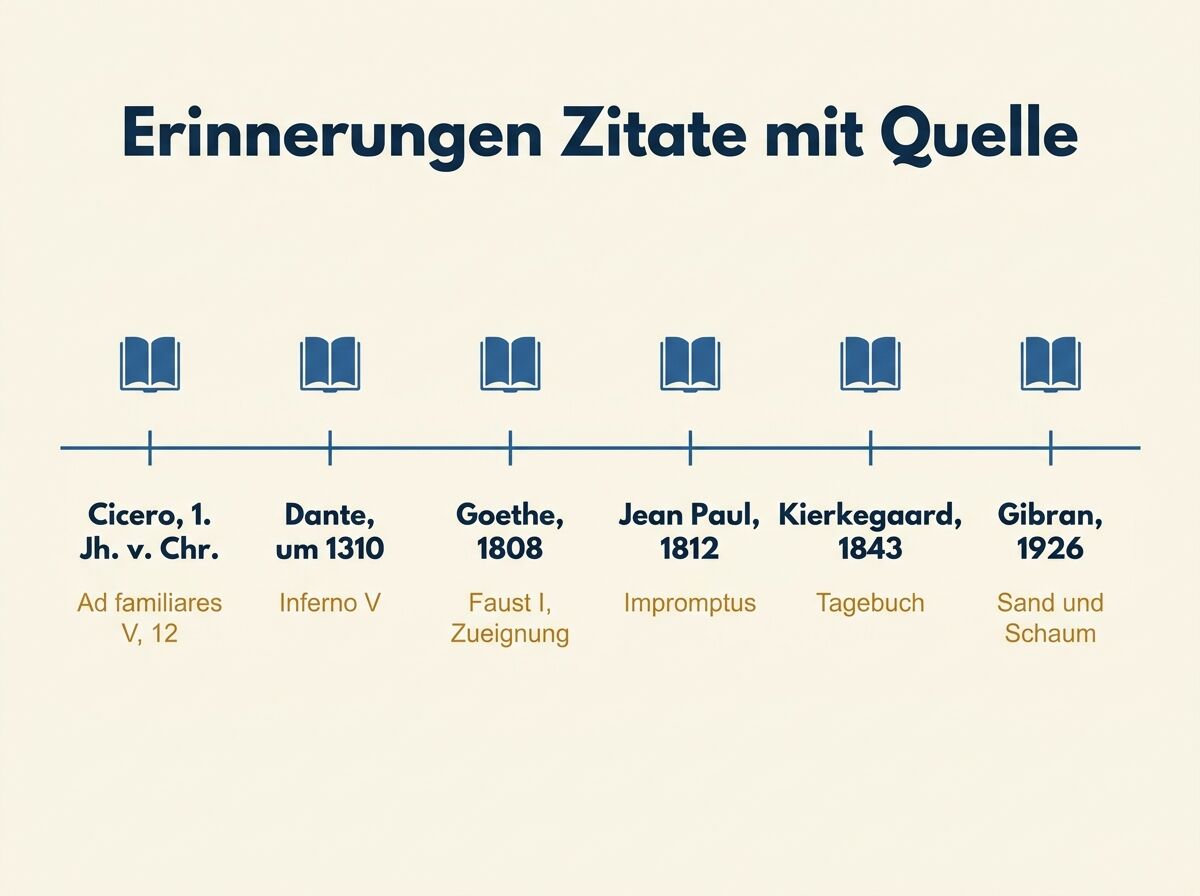 Infografik: Zeitstrahl mit sechs belegten Erinnerungszitaten von Cicero bis Gibran mit Werk und Jahr