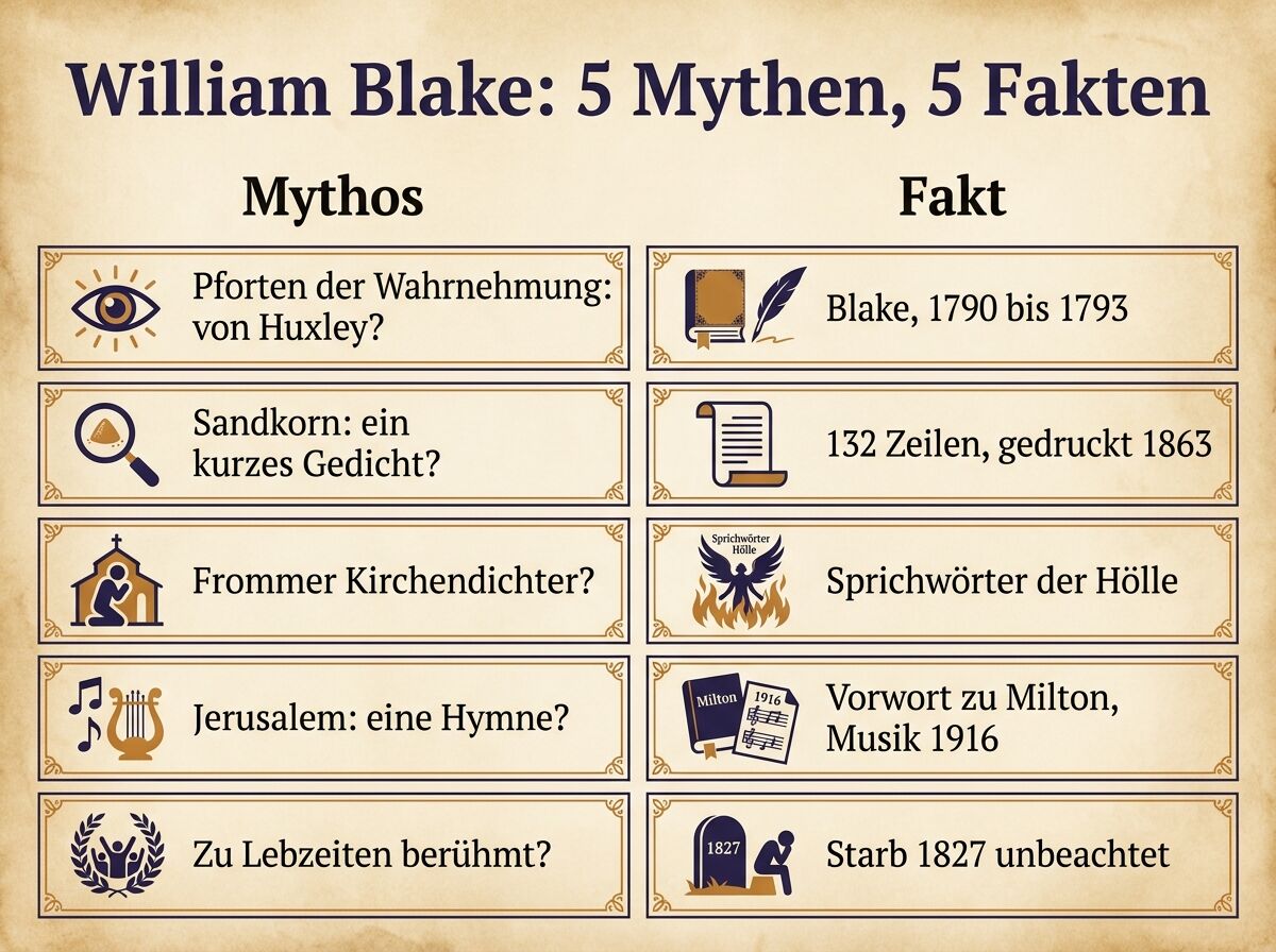 Infografik: Fünf Mythen über William Blake und die belegten Fakten mit Werk und Jahr im Vergleich