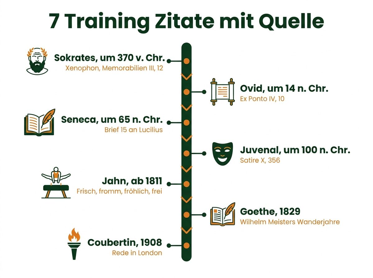 Infografik: Sieben Training Zitate mit Autor, Werk und Jahr auf einem Zeitstrahl von Sokrates bis Coubertin
