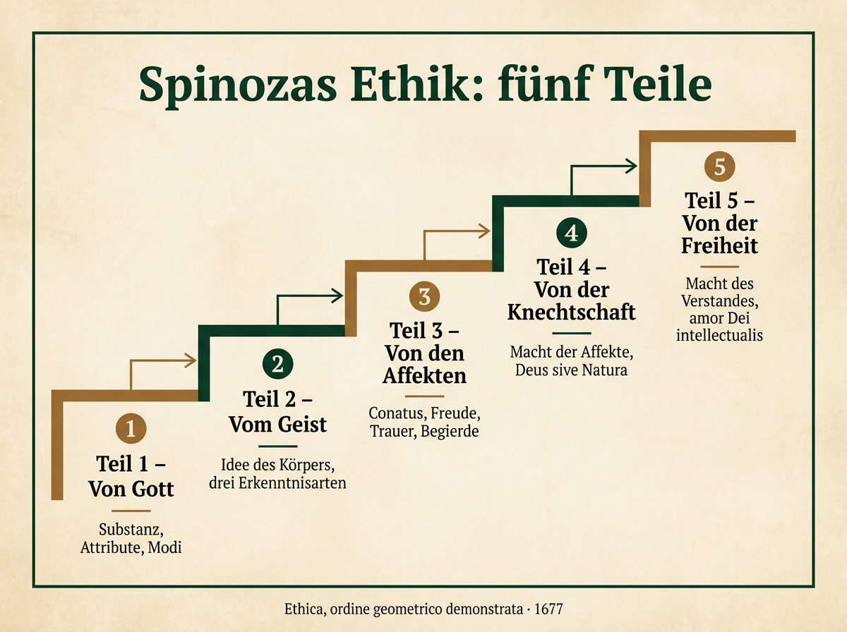 Infografik zur Ethik von Spinoza: die fünf Teile Gott, Geist, Affekte, Knechtschaft und Freiheit als aufsteigende Treppe
