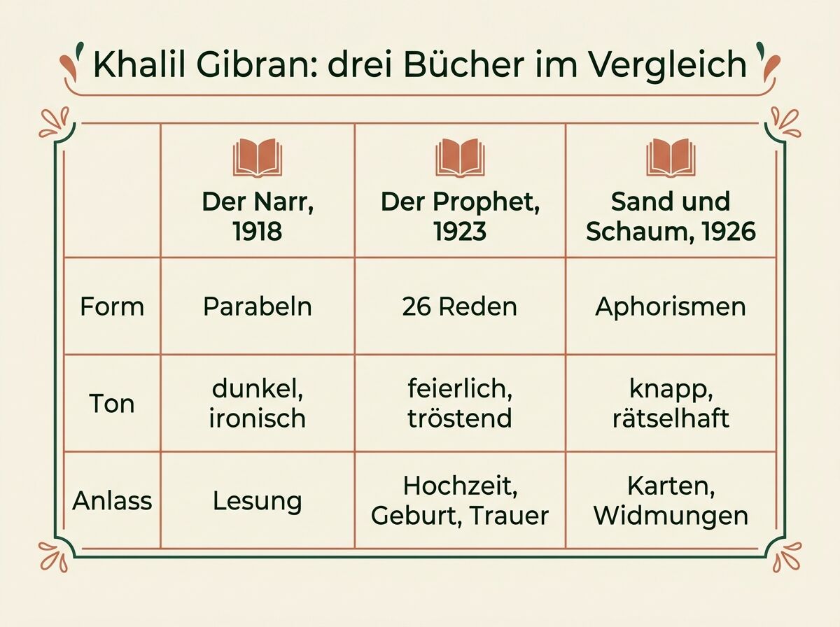 Infografik: Vergleich der drei Bücher Der Narr 1918, Der Prophet 1923 und Sand und Schaum 1926 nach Ton, Form und Anlass