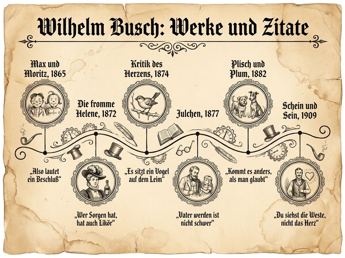 Infografik: Zeitstrahl der Werke von Wilhelm Busch von Max und Moritz 1865 bis Schein und Sein 1909 mit je einem Zitat