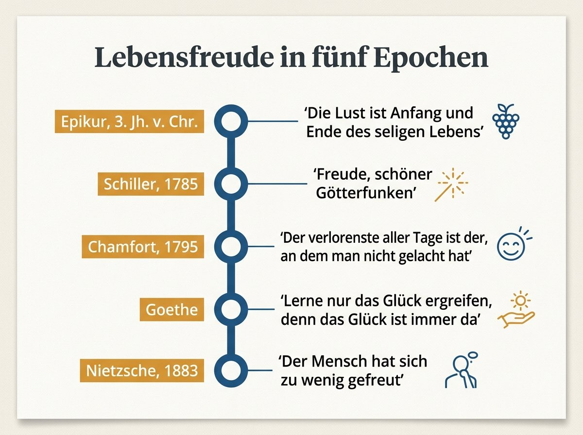Infografik: fünf Zitate über Lebensfreude von Epikur bis Nietzsche auf einer Zeitleiste