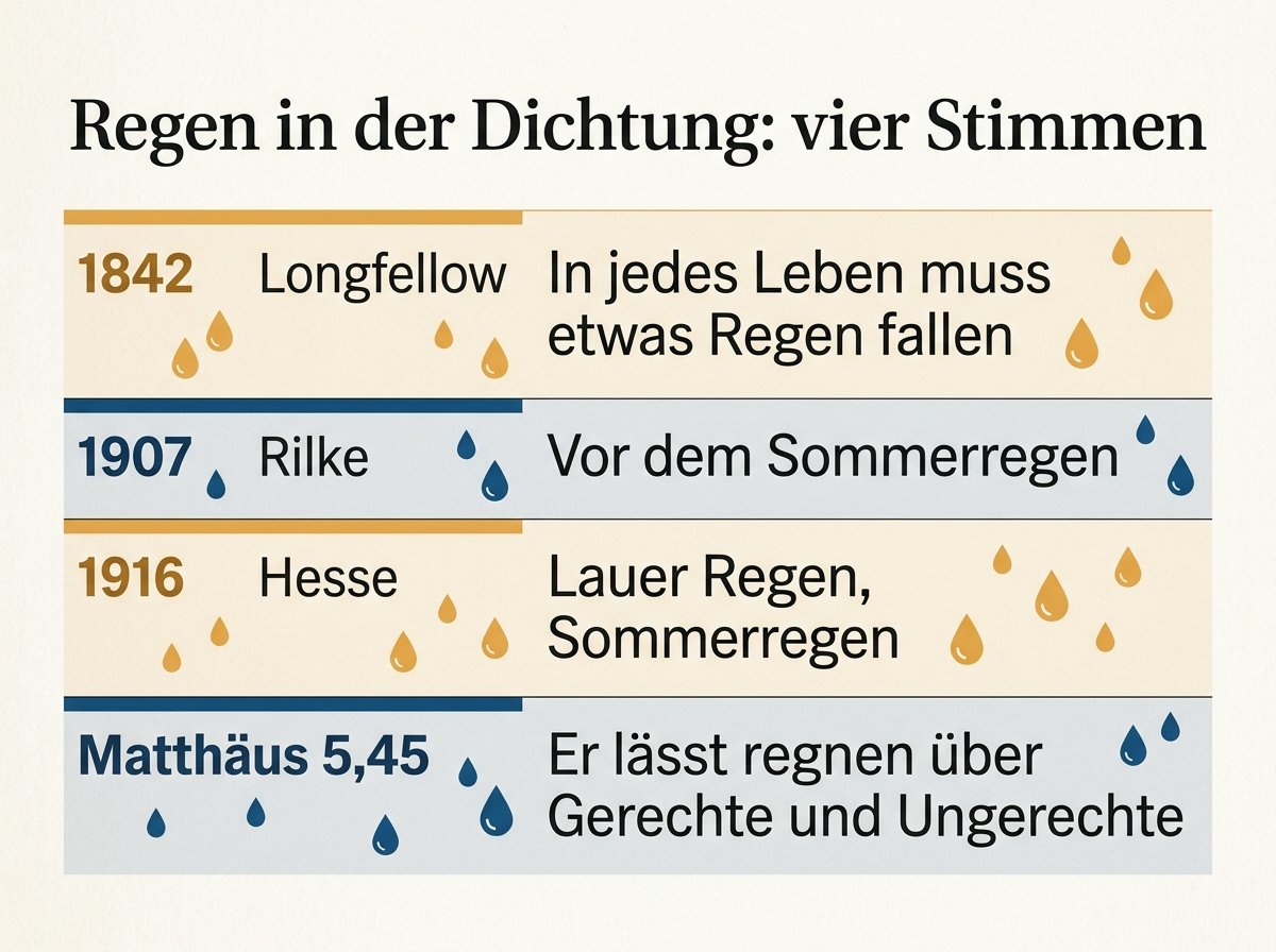 Infografik: vier Stimmen zum Regen in der Dichtung, Longfellow 1842, Rilke 1907, Hesse 1916 und Matthäus 5,45