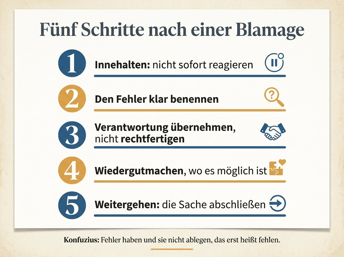Infografik mit fünf Schritten nach einer Blamage: Innehalten, Fehler benennen, Verantwortung übernehmen, Wiedergutmachen, Weitergehen