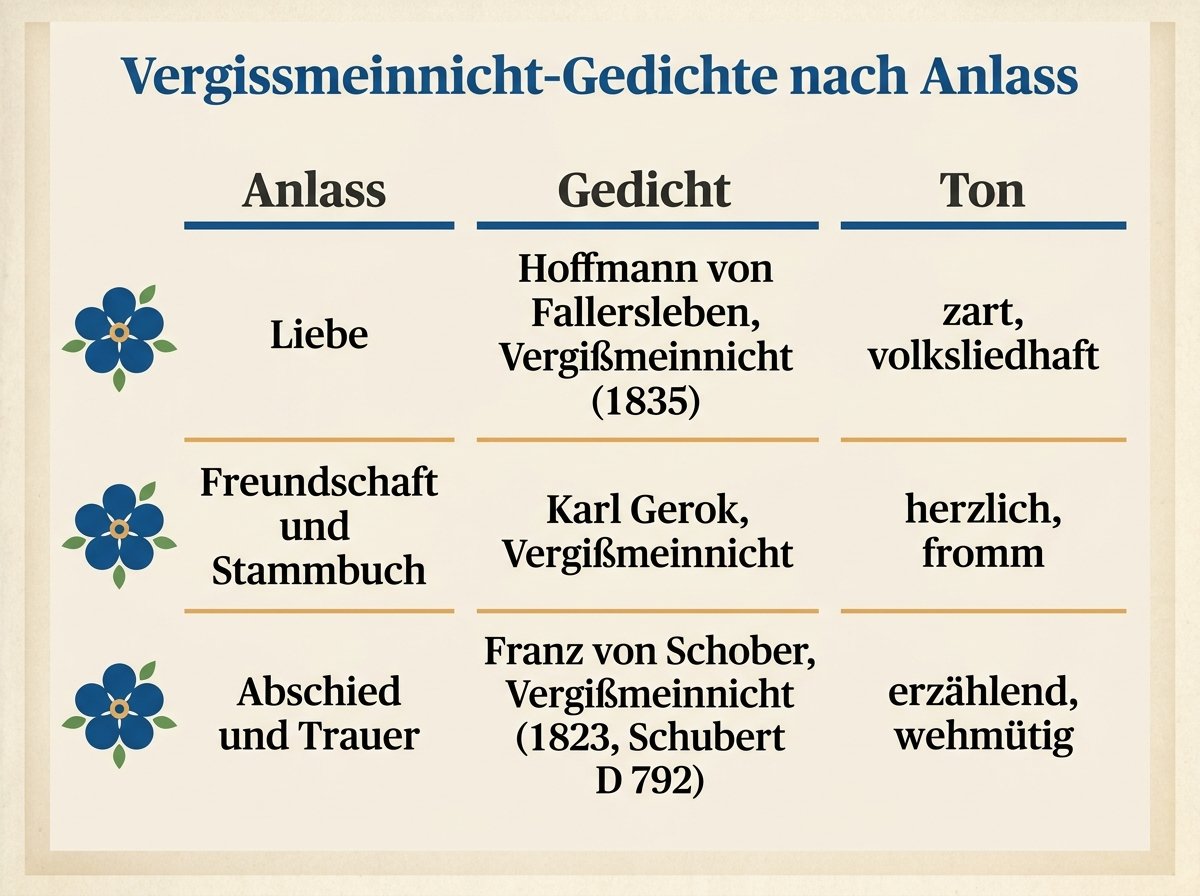 Infografik: Vergissmeinnicht-Gedichte nach Anlass, Liebe, Freundschaft und Trauer mit Autor und Ton