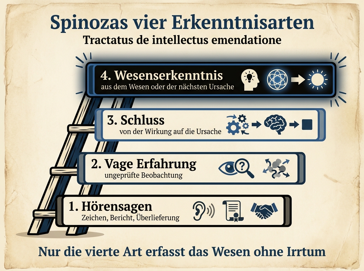 Infografik zu Spinozas vier Erkenntnisarten in der Abhandlung über die Verbesserung des Verstandes: Hörensagen, vage Erfahrung, Schluss und Wesenserkenntnis