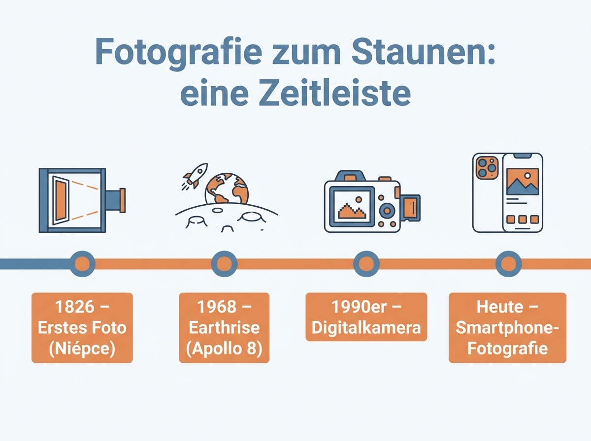 Infografik: Zeitleiste von Niépces erstem Foto 1826 über Earthrise 1968 bis zur Smartphone-Fotografie heute