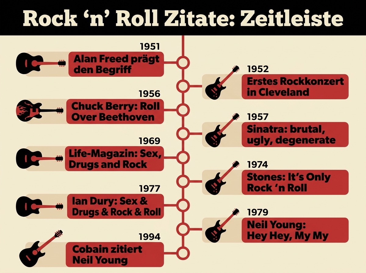Infografik: Zeitleiste des Rock 'n' Roll von 1951 bis 1994 mit acht belegten Zeilen