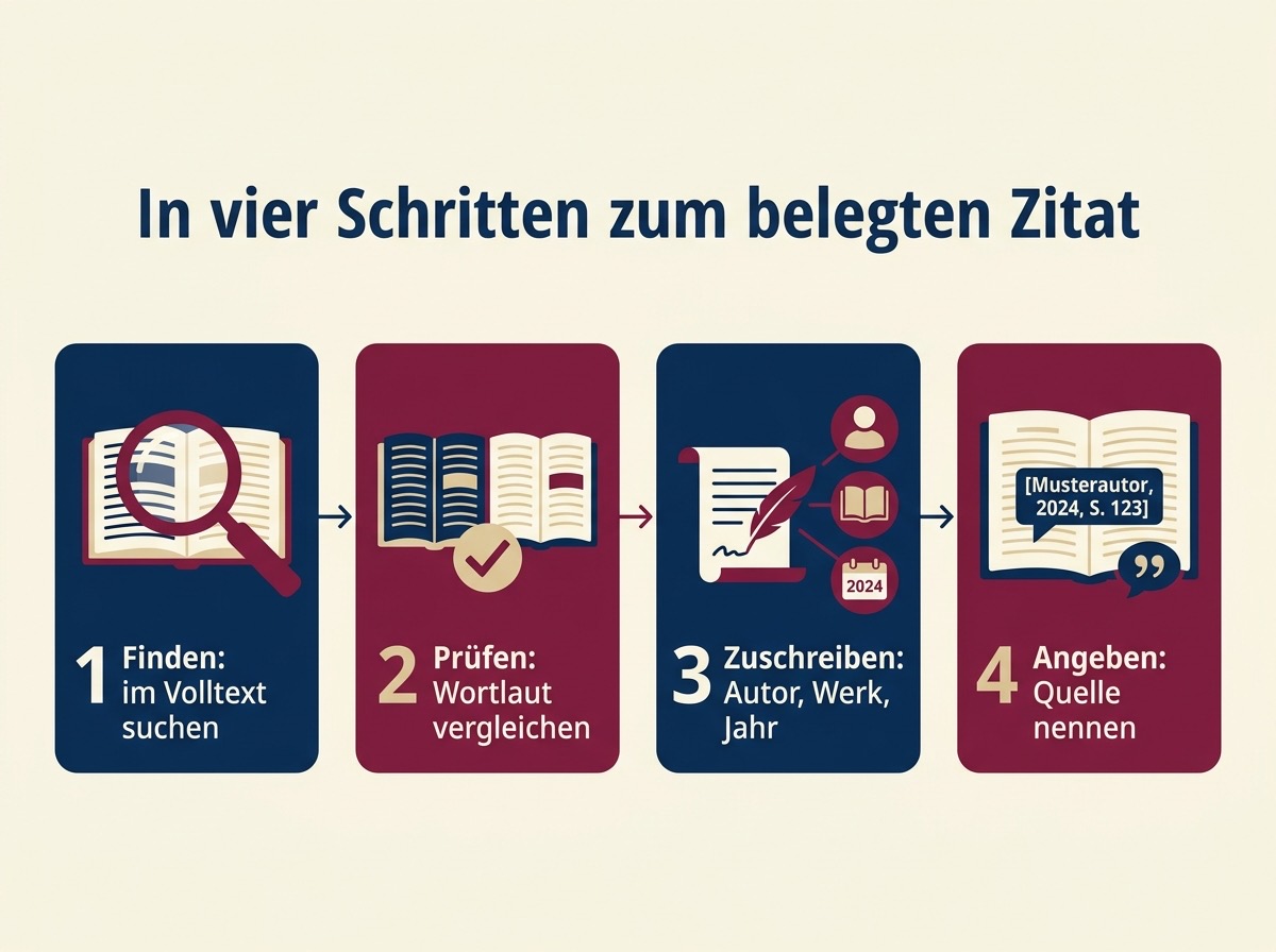 Infografik: Vier Schritte zum belegten Literaturzitat, von der Suche im Volltext bis zur Quellenangabe