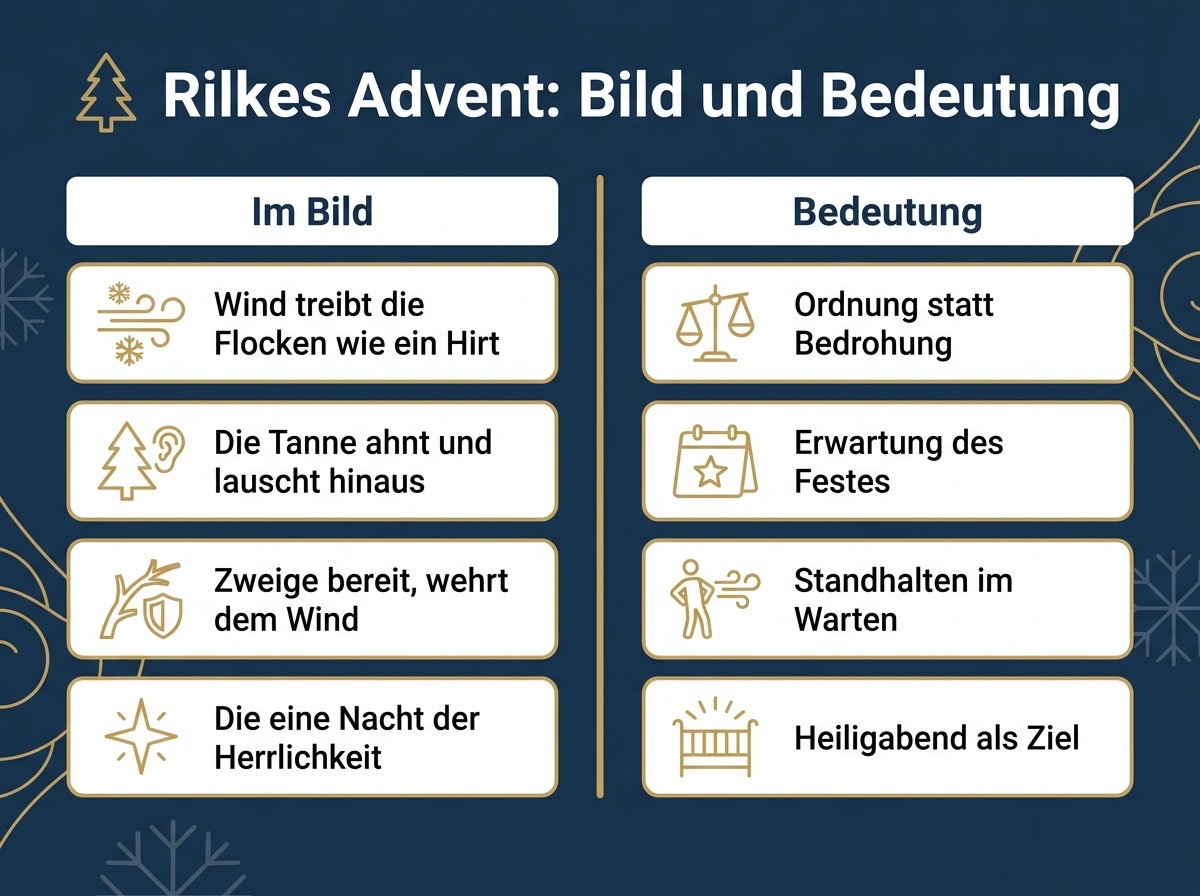Infografik: Die acht Zeilen des Adventsgedichts mit Bildebene und Bedeutungsebene