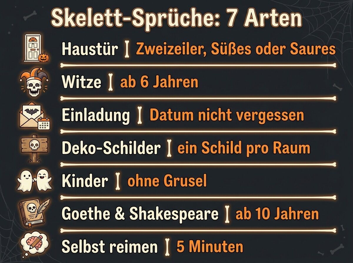 Infografik: sieben Arten von Skelett-Sprüchen für Halloween mit Einsatzort und Zielgruppe