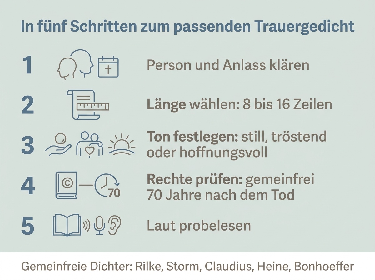 Infografik: in fünf Schritten zum passenden Trauergedicht, von der Person über Länge und Ton bis zu Rechten und Probelesen