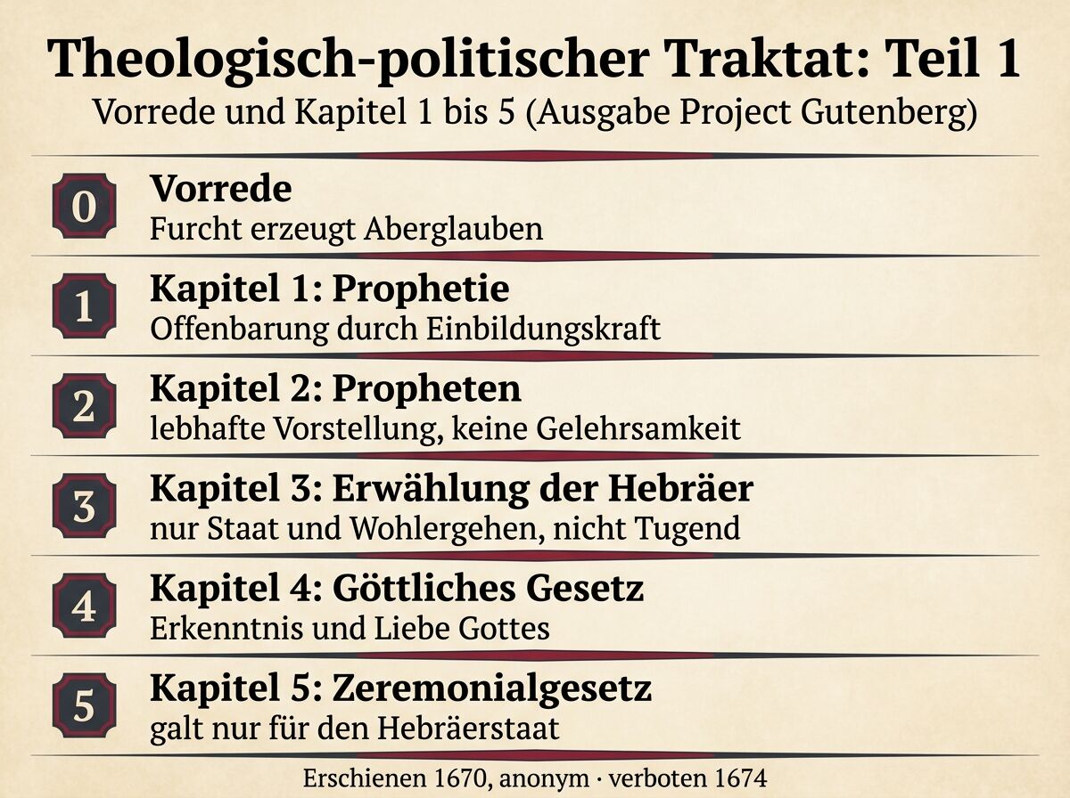 Infografik zum ersten Teil des Theologisch-politischen Traktats: Vorrede und fünf Kapitel mit ihren Kernthesen
