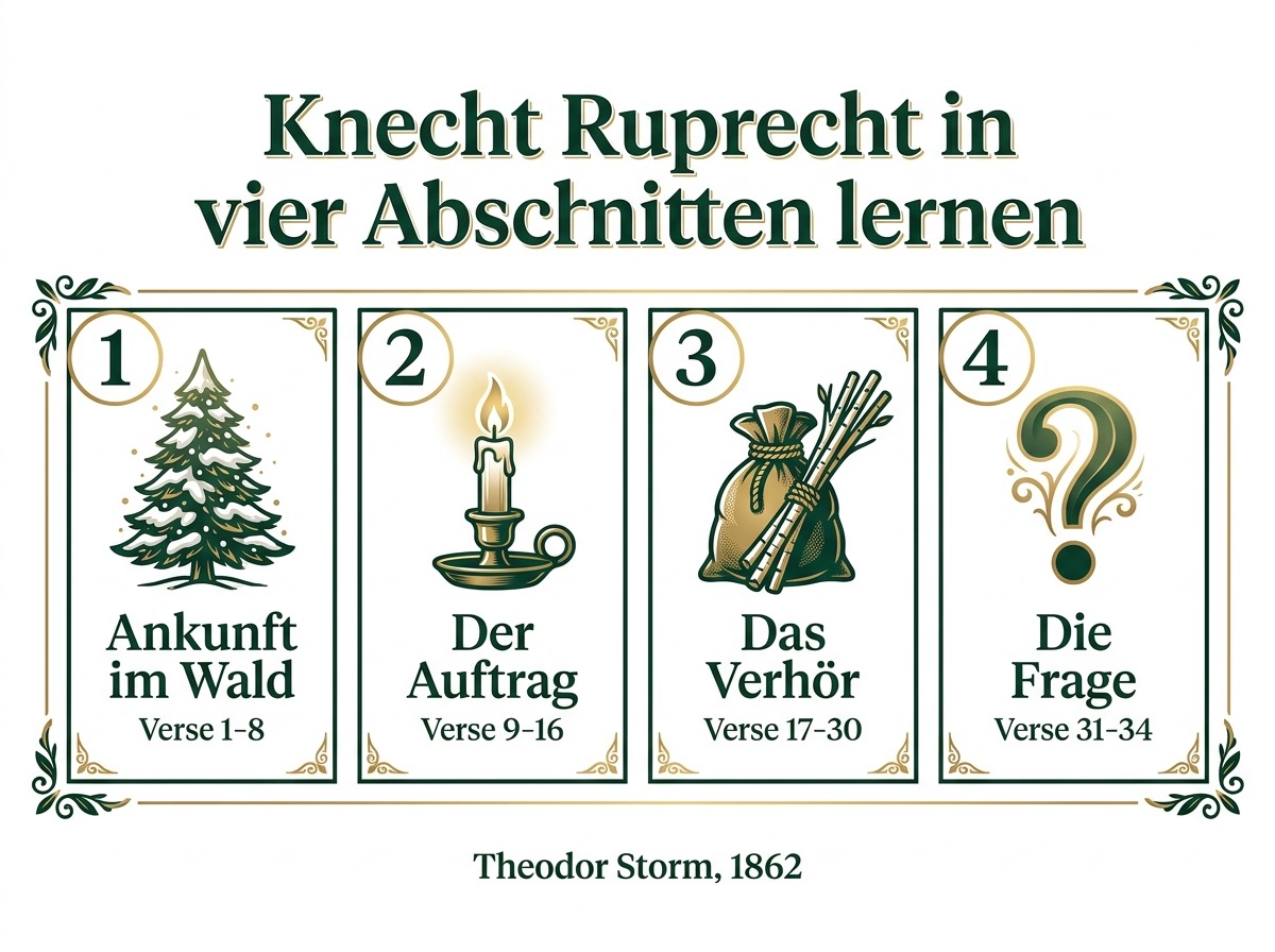 Infografik: das Knecht Ruprecht Gedicht in vier Abschnitten zum Auswendiglernen mit Versangaben