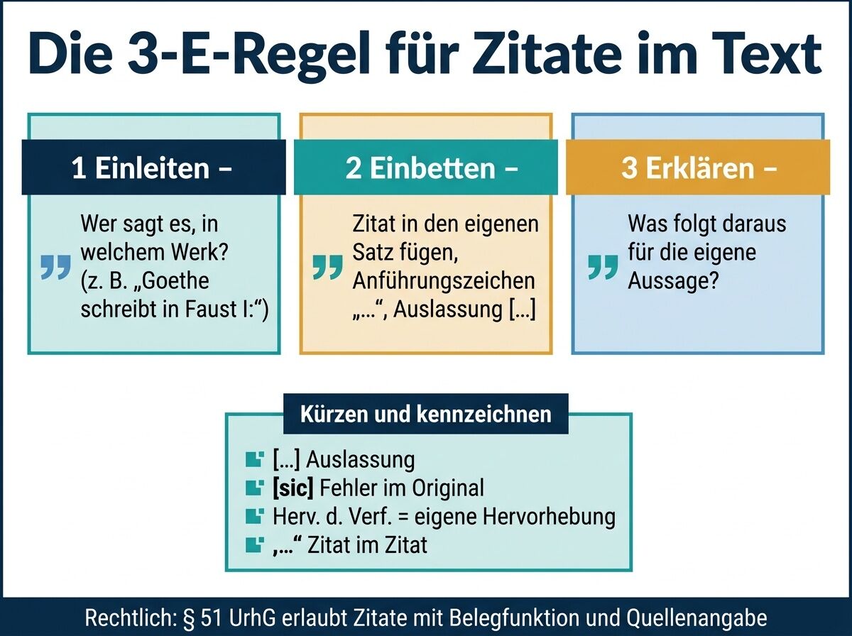 Infografik: die 3-E-Regel für Zitate im Text, Einleiten, Einbetten, Erklären, mit Zeichen zum Kürzen und Kennzeichnen