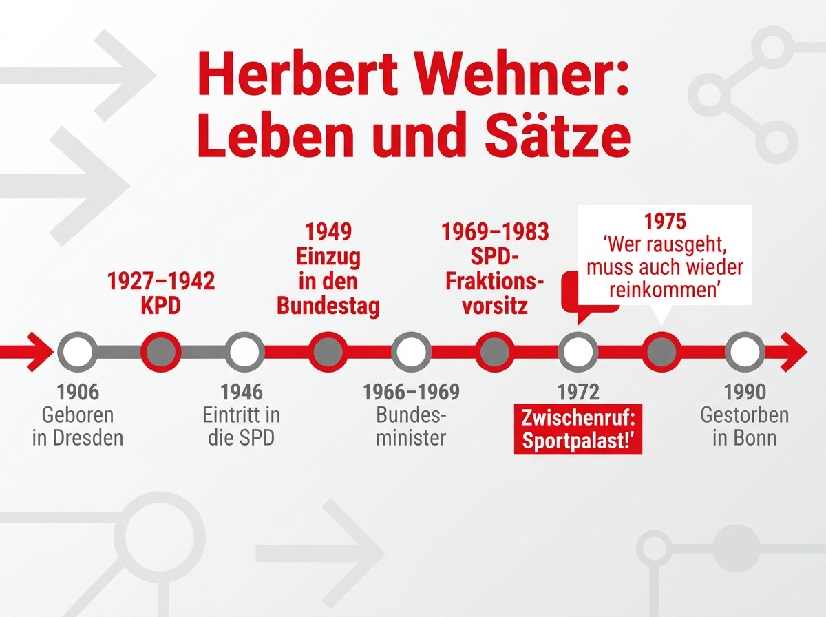 Infografik: Zeitleiste zu Herbert Wehner von 1906 bis 1990 mit seinen politischen Stationen und zwei Zwischenrufen
