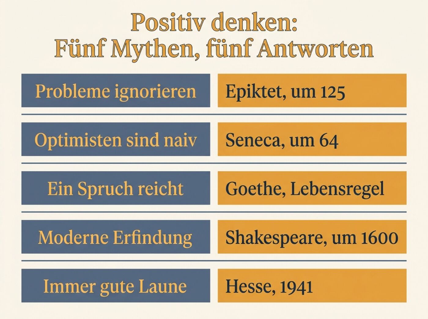 Infografik: Fünf Mythen über positives Denken und das jeweils passende Klassiker-Zitat mit Jahr