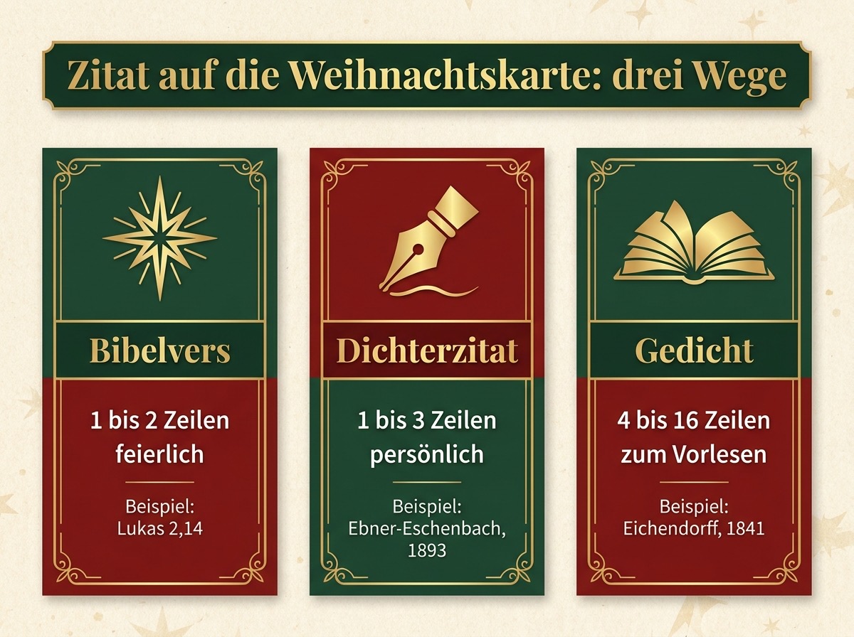 Infografik: Drei Wege zum Weihnachtszitat auf der Karte, Bibelvers, Dichterzitat und Gedicht, mit Länge und Beispiel