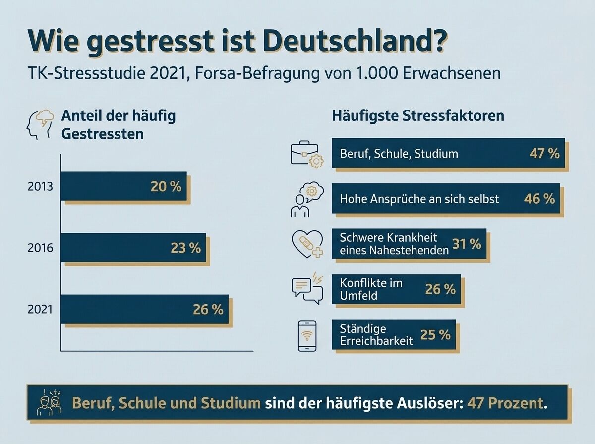 Infografik: Anteil der häufig Gestressten in Deutschland 2013, 2016 und 2021 sowie die fünf häufigsten Stressfaktoren laut TK-Stressstudie 2021