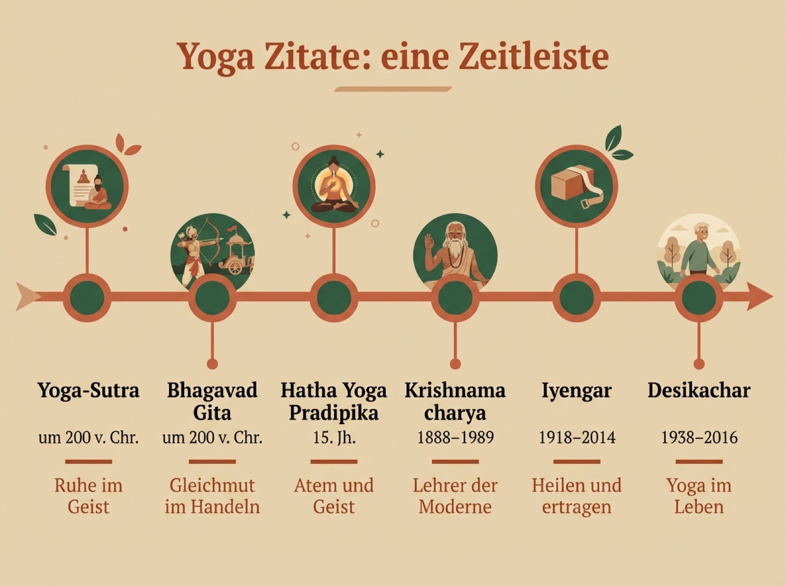 Infografik: Neun Yoga Zitate auf einer Zeitleiste von Patanjali bis Desikachar, mit Quelle und Kernaussage