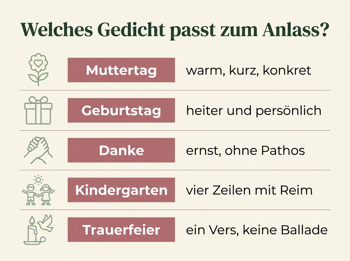 Infografik: welches Mutter Gedicht zu welchem Anlass passt, von Muttertag bis Trauerfeier