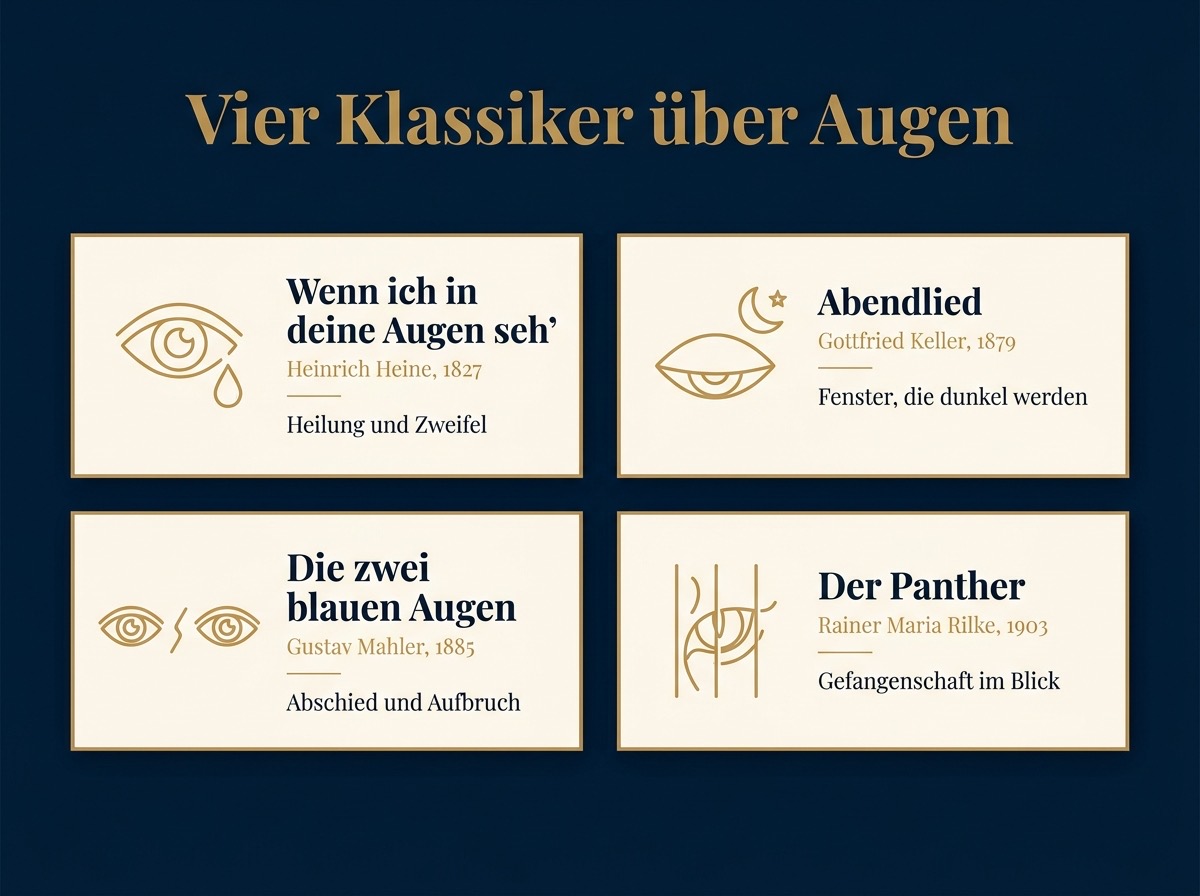 Infografik: vier berühmte Gedichte über Augen mit Autor, Jahr und der Bedeutung des Blicks