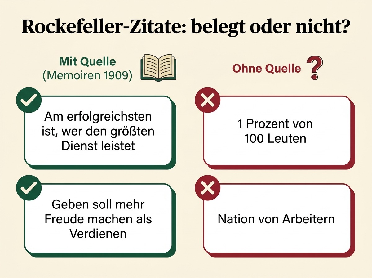 Infografik mit vier Rockefeller Zitaten und der Einordnung belegt oder nicht belegt