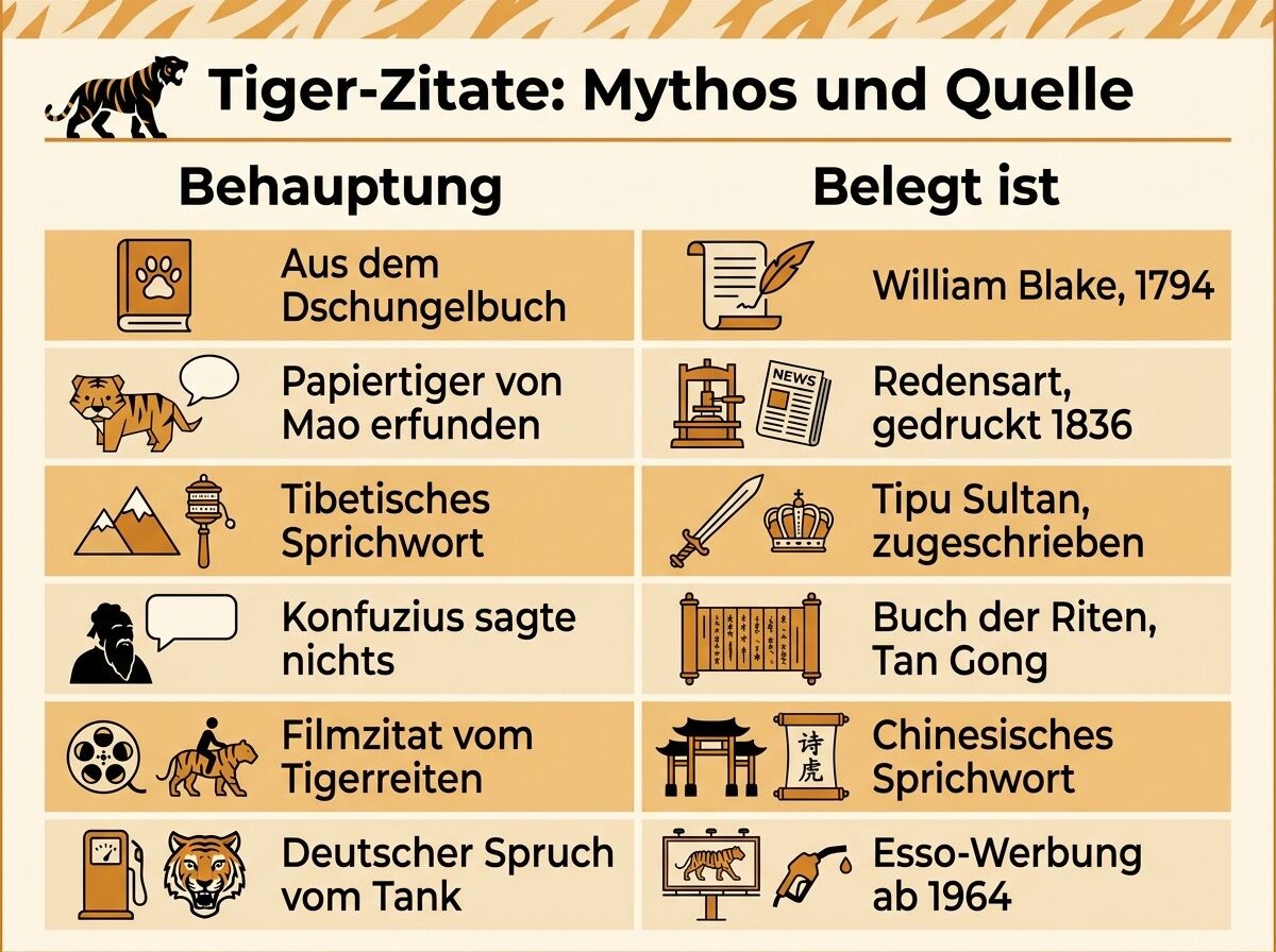Infografik mit sechs verbreiteten Tiger-Zitaten und ihren belegten Quellen