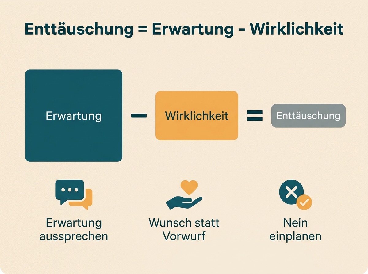 Infografik zur Formel Enttäuschung gleich Erwartung minus Wirklichkeit mit drei Gegenmaßnahmen