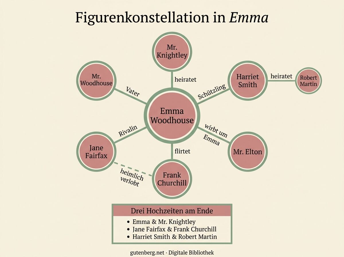 Infografik: Figurenkonstellation in Jane Austens Emma mit der Heldin im Zentrum, den Verlobungen und den drei Hochzeiten am Ende