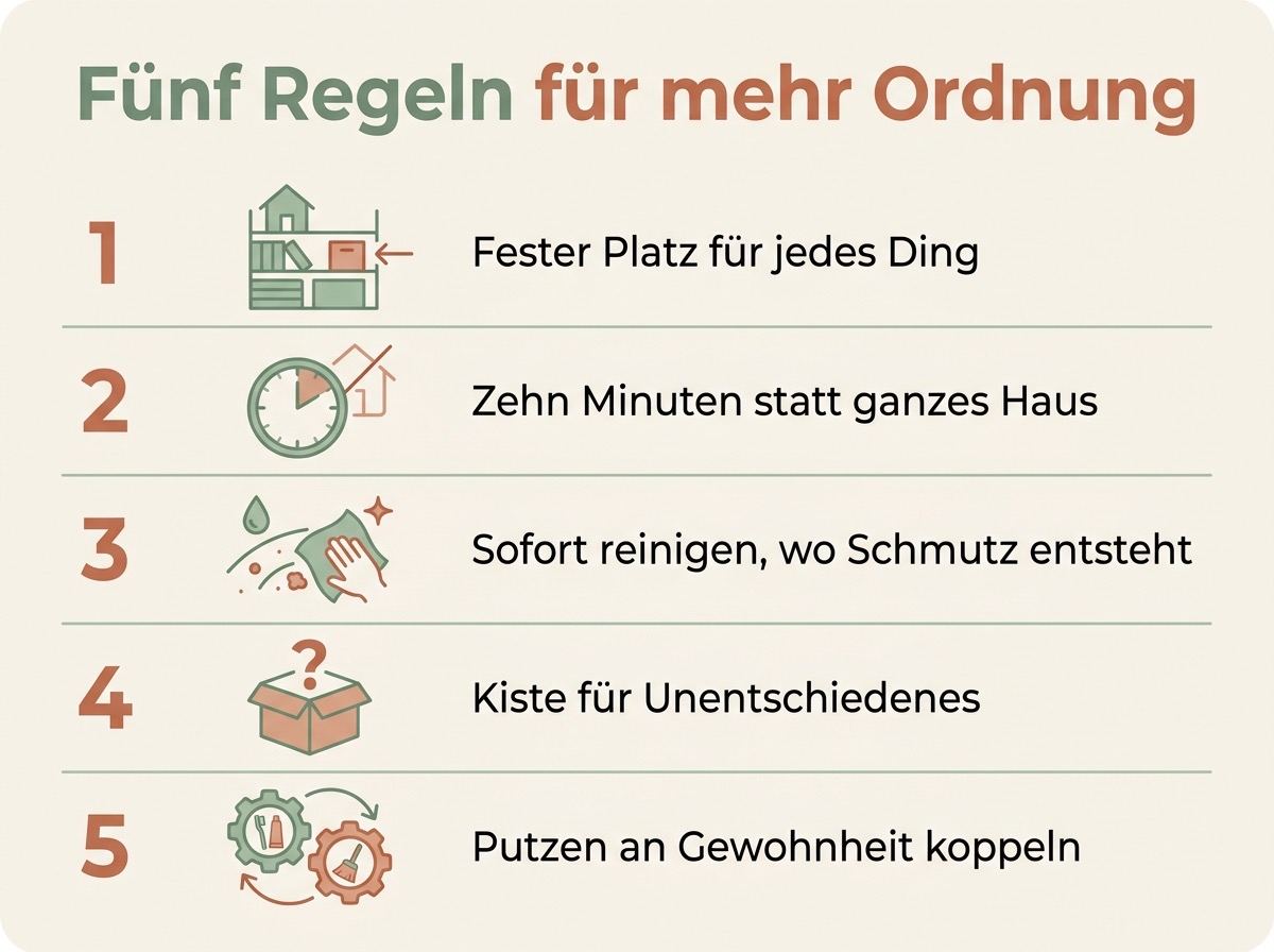 Infografik mit fünf Regeln für mehr Ordnung im Zuhause und passenden Sprüchen