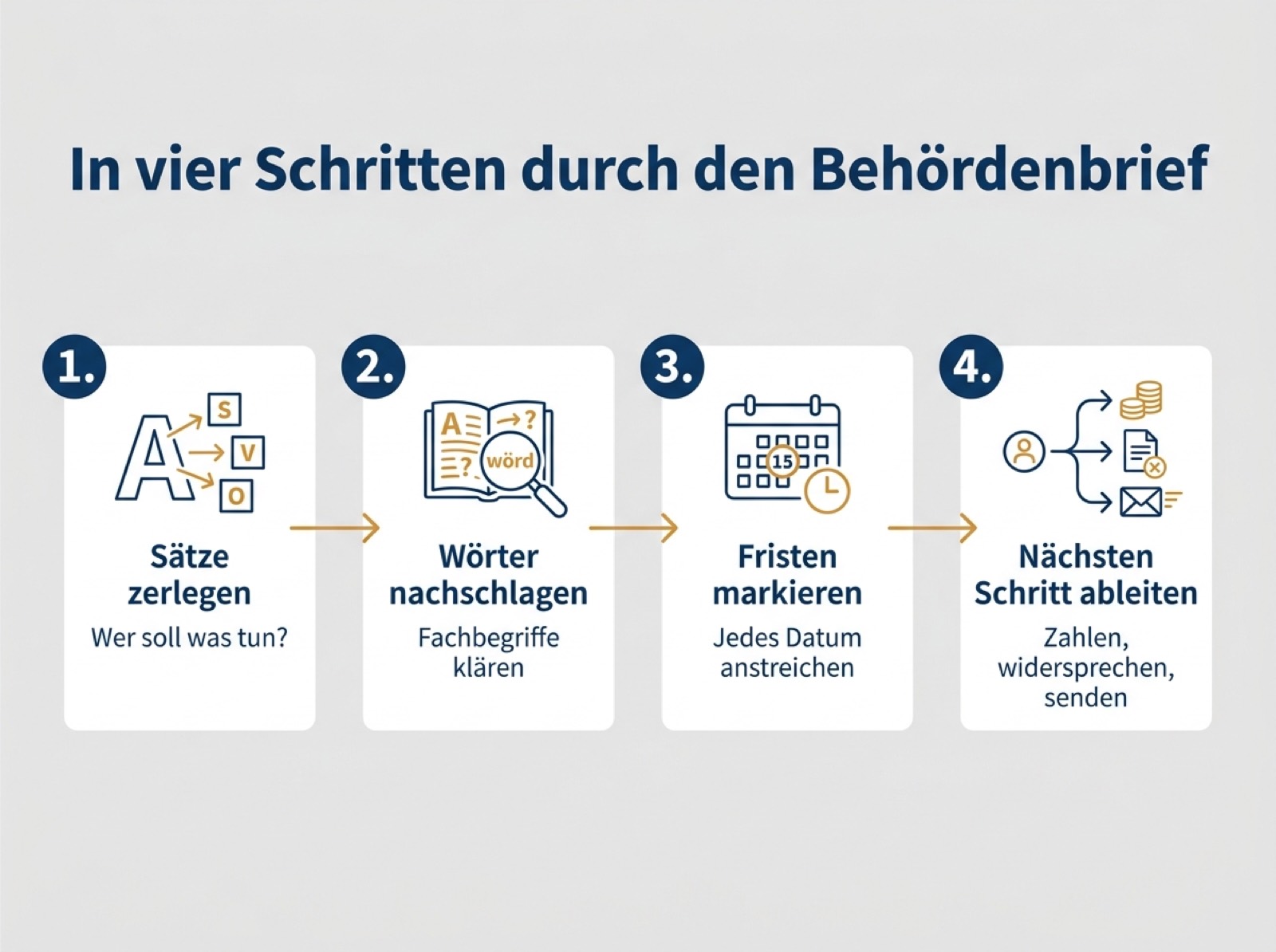 Vier Schritte, um einen Amtsbrief zu verstehen: Satz zerlegen, Begriffe nachschlagen, Fristen markieren, nächsten Schritt ableiten